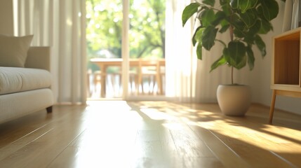 Sticker - Sunny living room, hardwood floor, plant, patio view. Home decor, calm atmosphere