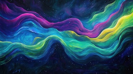 Poster - Vibrant Abstract Waves of Color Flowing Through the Cosmic Night Sky with Stars and Ethereal Elements