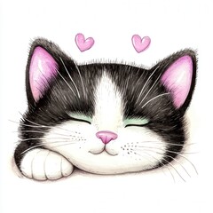 Canvas Print - Cute Sleeping Cat with Hearts Above its Head in Soft Colors