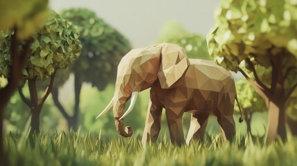 Poster - Low-poly elephant sculpture among lush green trees in an abstract nature landscape