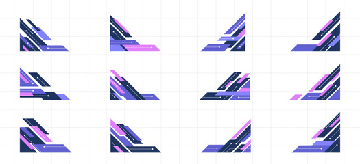 Modern Purple Futuristic Shape Border and Corner Frame Vector Set Collection. Decorative Elements Corners, Borders, and Frames. Modern Shape for Banners, Certificates, Invitations, and Covers Design