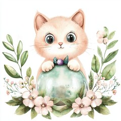 Wall Mural - Cute Kitten Peeking from a Decorative Ball Surrounded by Flowers