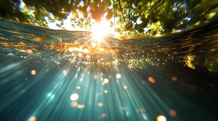 Poster - Underwater sunbeams, tropical leaves, serene lagoon