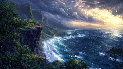 Wall Mural - Dramatic sunset over a tropical coastline with cliffs, ocean waves, and stormy clouds.