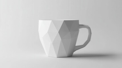 Poster - Geometric White Cup in Minimalist Design Showcasing Unique Angular Facets and Clean Aesthetic on Soft Gray Background
