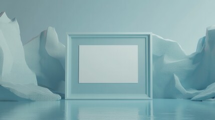 Poster - Empty Modern Frame Surrounded by Abstract Iceberg Landscape in Soft Blue Tones