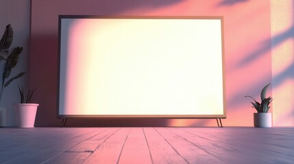 Poster - Minimalistic Interior with Blank Screen Display and Potted Plants in Warm Lighting and Wooden Floor Setting