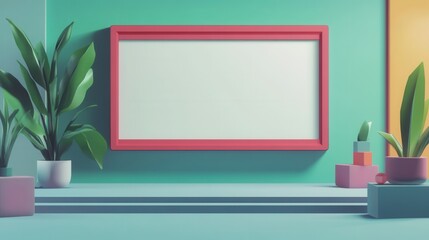 Poster - Modern Minimalist Interior with Colorful Frame, Green Plants, and Geometric Shapes for Contemporary Design Projects