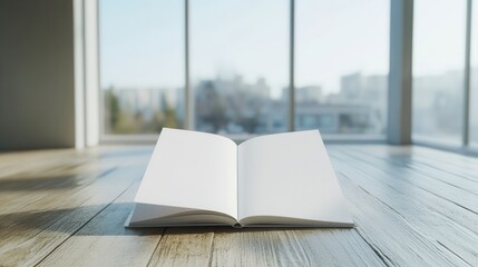 Poster - Open Blank Book on Floor with Modern Interior and Bright Natural Light in Contemporary Urban Setting