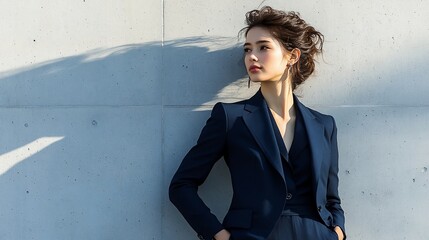 Wall Mural - Woman in suit, urban background, thoughtful pose, fashion shoot