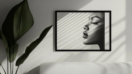 Poster - Close-up of Elegant Black and White Portrait Art with Natural Light and Plant Background in Modern Interior Setting