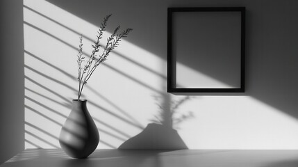 Poster - Elegant Minimalist Still Life Arrangement with Vase, Branch, and Shadows in Black and White