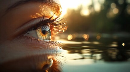 Wall Mural - Woman's eye, sunset lake, nature, summer, peaceful