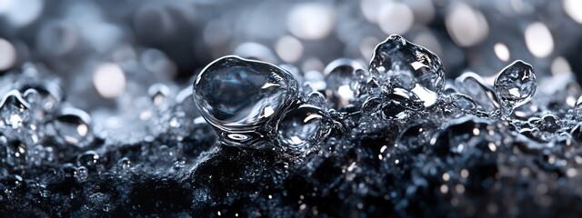 Poster - Close-Up of Water Droplets on a Dark Surface with Bokeh Effect and Gentle Ripples