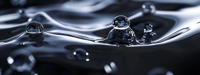 Poster - Close-Up of Glossy Water Surface with Touchable Bubbles and Smooth Ripples for Nature Backgrounds and Design Applications
