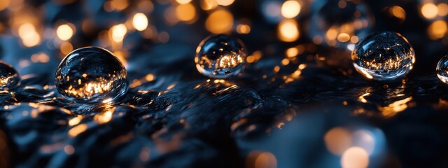 Poster - Close-Up of Water Droplets Reflecting Golden Light in a Dark Environment with Soft Bokeh Effect