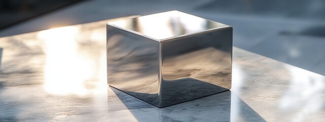 Poster - Polished Metal Cube on Marble Surface Reflecting Natural Light in Modern Interior Space