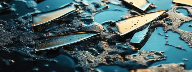 Poster - Shattered Glass Pieces on Wet Surface with Reflection and Light Glints in Close-Up Photography