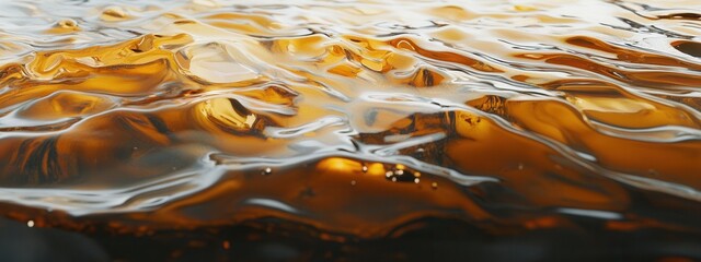 Poster - Close-up View of Reflections on the Surface of Shimmering Amber Liquid in Natural Light Conditions