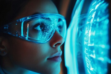 Poster - Woman wearing protective goggles studying glowing technology in a laboratory setting during nighttime hours