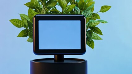 Poster - Digital Screen with Blank Display Set Against Vibrant Green Leaves Creating Modern Natural Contrast and Technology Integration with Potted Plant Against Blue Background