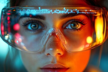 Poster - Innovative technology and focus on a woman's eyes with augmented reality glasses in a vibrant setting