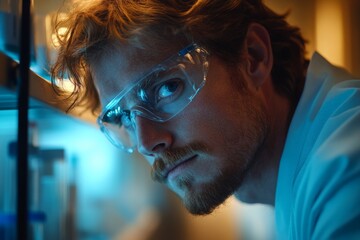 Poster - Scientist working in laboratory examines samples while wearing safety glasses under blue lighting