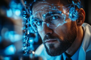 Poster - Expert examining advanced technology with augmented reality glasses in a futuristic lab setting