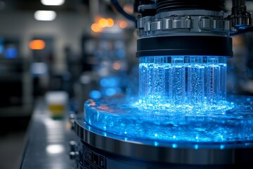 Poster - Innovative machinery creating luminous blue water bubbles in a modern manufacturing facility