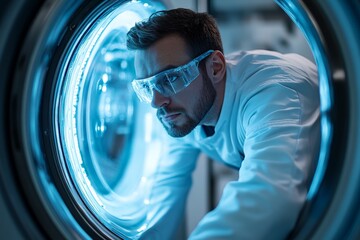 Poster - Scientist performing analysis through a laboratory equipment window in a controlled environment