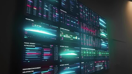 Fototapete - Futuristic data visualization interface displaying various metrics, statistics, and performance indicators on a large screen in a dark room illuminated by a hanging lamp