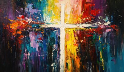 Wall Mural - Abstract painting of a cross with rays coming out, colorful and vibrant, with large brush strokes, palette knife, heavy texture, and bright, vivid colors that evoke emotion Generative AI