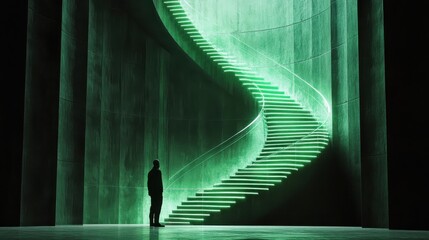 Poster - Futuristic Spiral Staircase with Neon Green Lights in Minimalist Environment