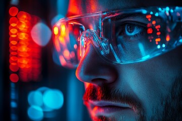 Poster - Close-up of an individual wearing protective glasses in a high-tech environment during an evening setting