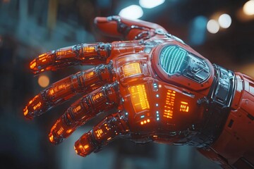 Poster - Advanced robotic hand with glowing features showcases intricate design and technology in a futuristic environment