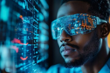 Poster - Skilled technician analyzing data with futuristic glasses in a modern tech workspace