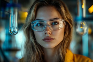 Poster - Young scientist in laboratory demonstrating focus and determination in research setting with protective eyewear