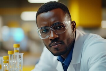 Poster - Scientist conducting research in laboratory showcasing focus and determination during an experiment with test tubes