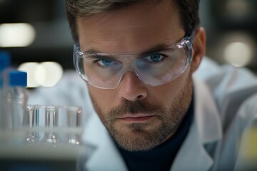Poster - Focused male scientist conducting research in a laboratory during the day with safety gear and lab equipment present