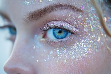 Aufkleber - Close-up of a model's eye adorned with colorful glitter and sparkling makeup that enhances her features