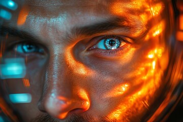 Poster - Close-up of a man's eye reflecting vivid colors and intricate light patterns in a futuristic setting