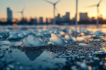 Poster - Ice formations sparkle near wind turbines at sunset in an urban setting reflecting the golden hour light
