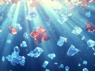 Wall Mural - Abstract 3D Background Ice Crystals and Leaves