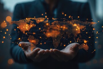 Poster - Hands holding a glowing digital world map connecting cities and networks in a futuristic setting