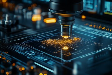 Poster - High-tech microscope revealing intricate details of a circuit board in a modern laboratory at night