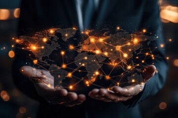 Poster - Hands holding a glowing digital world map connecting cities and networks in a futuristic setting