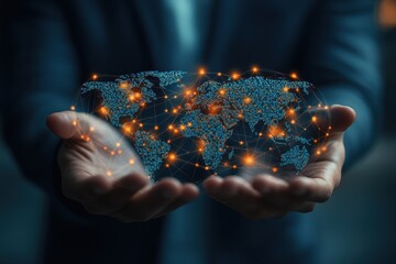 Poster - Hands holding a glowing digital world map connecting cities and networks in a futuristic setting