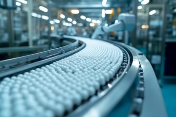 Poster - Manufacturing process of white balls on conveyor belt in modern factory setting
