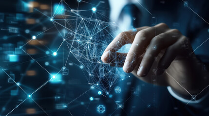Wall Mural - businessman touching a digital network and connection on a transparent screen with a finger