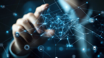 Wall Mural - businessman touching a digital network and connection on a transparent screen with a finger